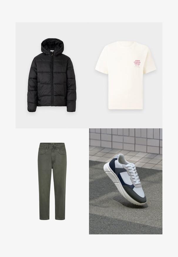 Casaco puffer preto com capuz, apresentando painéis acolchoados horizontais, fecho com zíper na frente e uma textura suave e brilhante.; T-shirt branca de mangas curtas com o texto vermelho "Edição Originais do Estúdio" no lado esquerdo do peito, apresentada sobre um fundo cinza neutro.; Chinos verdes de algodão com uma silhueta reta, apresentando passantes para cinto, bolsos frontais e fecho com botão. Textura suave com costura mínima.; Sapatilhas brancas, azuis-marinho e cinzas com um design de materiais mistos, apresentando uma parte superior texturizada, atacadores planos e uma sola acolchoada.