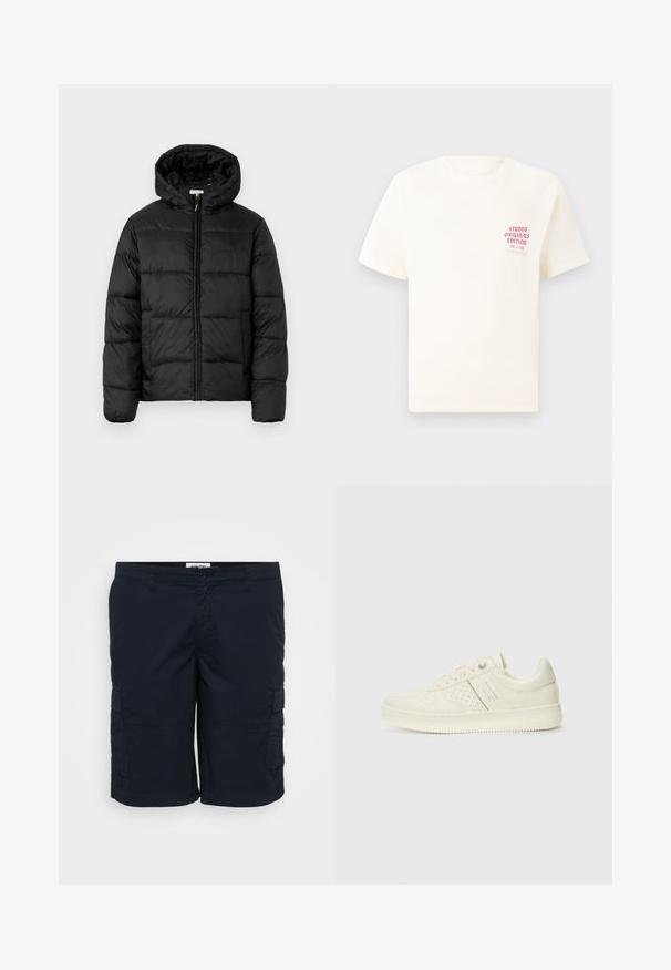 Casaco puffer preto com capuz, apresentando painéis acolchoados horizontais, fecho com zíper na frente e uma textura suave e brilhante.; T-shirt branca de mangas curtas com o texto vermelho "Edição Originais do Estúdio" no lado esquerdo do peito, apresentada sobre um fundo cinza neutro.; Calções de carga azul marinho feitos de tecido leve, com dois bolsos laterais, passadores de cinto e um corte reto. Design simples com costuras mínimas.; Sapatilha de cor creme com detalhes perfurados, atacadores e logotipo na lateral, apresentada contra um fundo branco liso.