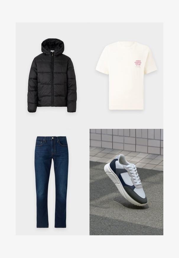 Jachetă puffer neagră cu glugă, cu panouri quilted orizontale, închidere prin fermoar și o textură netedă, lucioasă.; Tricou alb cu mânecă scurtă, având text roșu "Studio Originals Edition" pe partea stângă a pieptului, expus pe un fundal gri neutru.; Jeans din denim albastru închis cu tăietură dreaptă. Caracteristici: cusături contrastante, cinci buzunare și închidere frontală cu buton.; Tenisi albi, bleumarin și gri, cu un design din materiale mixte, având un superior texturat, șireturi plate și o talpă căptușită.