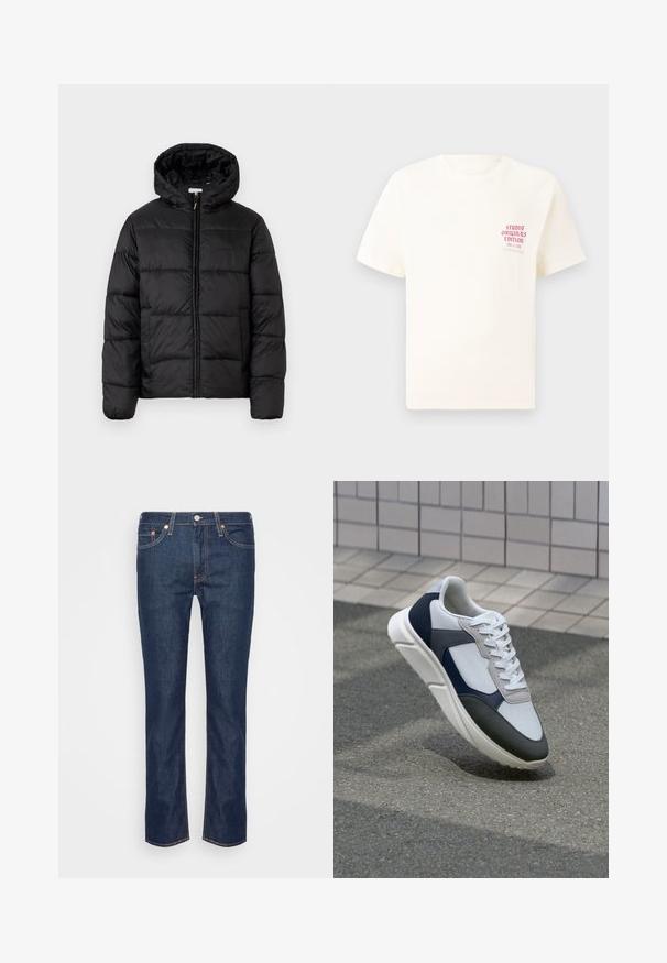 Melnā pūkainā jaka ar kapuci, ar horizontāliem quiltotiem paneļiem, ar rāvējslēdzēju priekšpusē un gludu, spīguļojošu tekstūru.; Balts īsām piedurknēm T-krekls ar sarkanu tekstu "Studio Originals Edition" uz kreisā krūšu, pakārtots neitrālā pelēkā fonā.; Tumši zili taisni džinsi no denima ar oranžiem diegiem, pieci kabatas un priekšējā pogu un rāvējslēdzēja aizdare.; Balti, tumši zili un pelēki sporta apavi ar jauktu materiālu dizainu, kuram ir teksturēts augšdaļa, plakani šņores un mīkstināta zole.