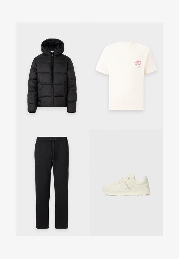 Casaco puffer preto com capuz, apresentando painéis acolchoados horizontais, fecho com zíper na frente e uma textura suave e brilhante.; T-shirt branca de mangas curtas com o texto vermelho "Edição Originais do Estúdio" no lado esquerdo do peito, apresentada sobre um fundo cinza neutro.; Calças de fato pretas feitas de um tecido macio, apresentando uma cintura elástica com um cordão ajustável, bolsos laterais e um design de perna reta.; Sapatilha de cor creme com detalhes perfurados, atacadores e logotipo na lateral, apresentada contra um fundo branco liso.