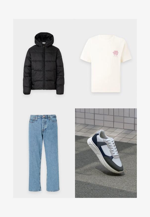 Fekete puffermellény kapucnival, vízszintes steppelésekkel, cipzáros elülső záródással és sima, fényes felülettel.; Fehér, rövid ujjú póló, bal mellen piros szöveggel "Studio Originals Edition", semleges szürke háttér előtt.; Világoskék egyenes szárú farmernadrág elöl gombbal, cipzáras kipárnázású, és öt zsebes kialakítással, sima fehér háttéren.; Fehér, tengerészkék és szürke sneaker vegyes anyagokból készült dizájnnal, amely textúrázott felsőrésszel, lapos fűzőkkel és párnázott talppal rendelkezik.