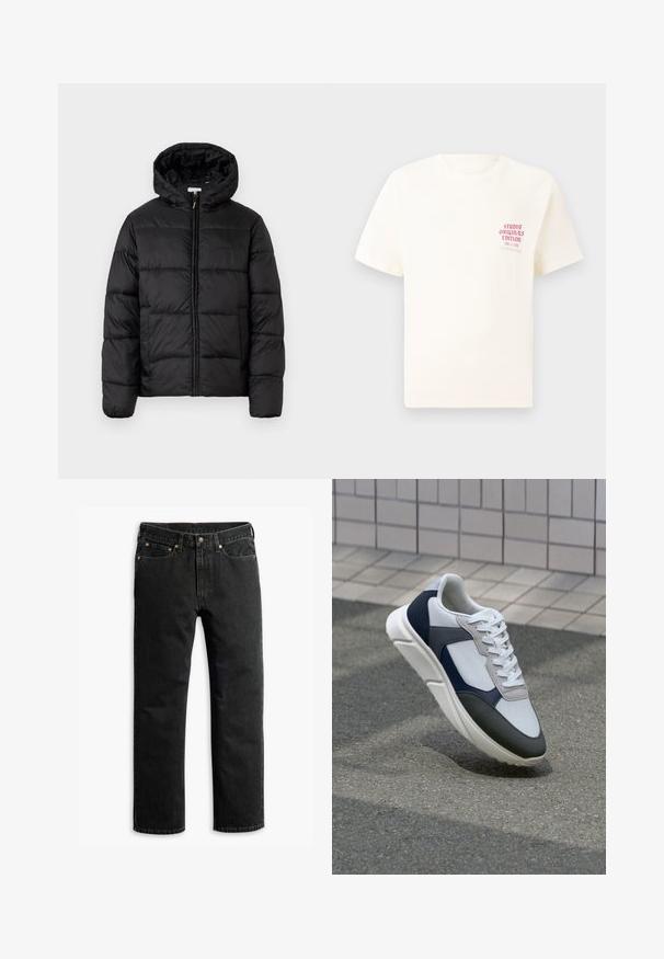 Črna pufasta bunda s kapuco, ki ima vodoravne prešite plošče, sprednje zapiranje na zadrgo in gladko, sijočo teksturo.; Bela majica s kratkimi rokavi z rdečim napisom "Studio Originals Edition" na levi strani prsnega koša, prikazana na nevtralnem sivo backgroundu.; Črne straight-leg džins hlače z petimi žepi, zankami za pas in gumbom za zapiranje na pasu, položene ravno na belem ozadju.; Bela, mornarsko modra in siva športna obutev z mešano materialno zasnovo, ki vključuje teksturirano zgornji del, ravne vezalke in oblazinjen podplat.