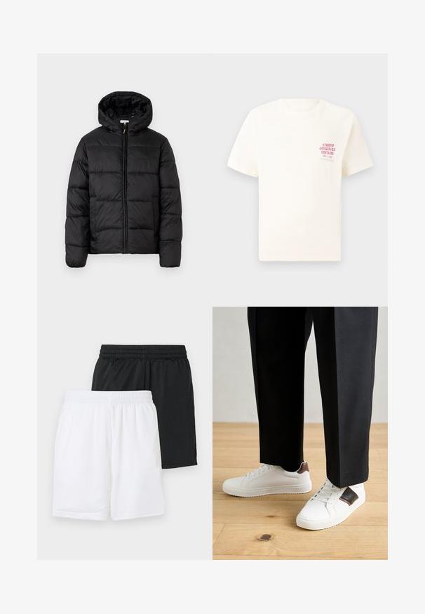 Schwarze Steppjacke mit Kapuze, ausgestattet mit horizontalen Stepppanelen, Reißverschluss vorne und einer glatten, glänzenden Textur.; Weißes T-Shirt mit kurzen Ärmeln und rotem Text "Studio Originals Edition" auf der linken Brust, präsentiert vor einem neutralen grauen Hintergrund.; Zwei Paare Sportshorts: eine schwarze, eine weiße. Beide verfügen über einen elastischen Bund und eine atmungsaktive Mesh-Struktur.; Weiße Sneakers mit glatter Textur, versehen mit braunen Lederakzenten und schwarzen Details, kombiniert mit schwarzen maßgeschneiderten Hosen. Hintergrund aus Holzboden.