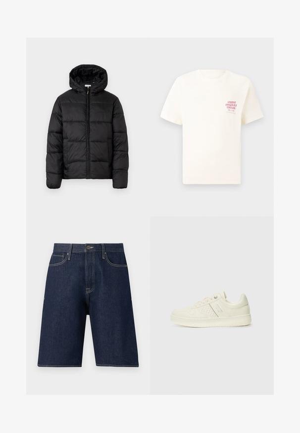 Chaqueta de plumas negra con capucha, que presenta paneles acolchados horizontales, cierre frontal con cremallera y una textura suave y brillante.; Camiseta blanca de manga corta con el texto rojo "Edición de Studio Originals" en el lado izquierdo del pecho, exhibida sobre un fondo gris neutro.; Pantalones cortos de mezclilla azul oscuro con corte recto, que cuentan con cierre de botón, bucles para cinturón y costuras a tono. Sin patrones ni adornos visibles.; Zapatilla color crema con detalles perforados, cordones y logotipo en el lateral, exhibida sobre un fondo blanco liso.