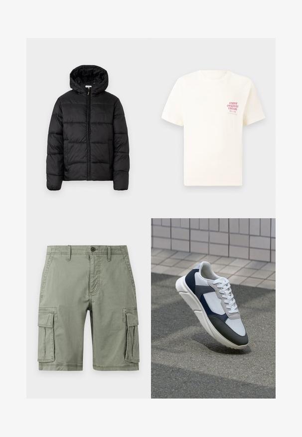 Fekete puffermellény kapucnival, vízszintes steppelésekkel, cipzáros elülső záródással és sima, fényes felülettel.; Fehér, rövid ujjú póló, bal mellen piros szöveggel "Studio Originals Edition", semleges szürke háttér előtt.; Zöld vászon cargo sort, pamut keverékből készült, két oldalsó zsebbel, gombos záródással és egyenes szabással.; Fehér, tengerészkék és szürke sneaker vegyes anyagokból készült dizájnnal, amely textúrázott felsőrésszel, lapos fűzőkkel és párnázott talppal rendelkezik.