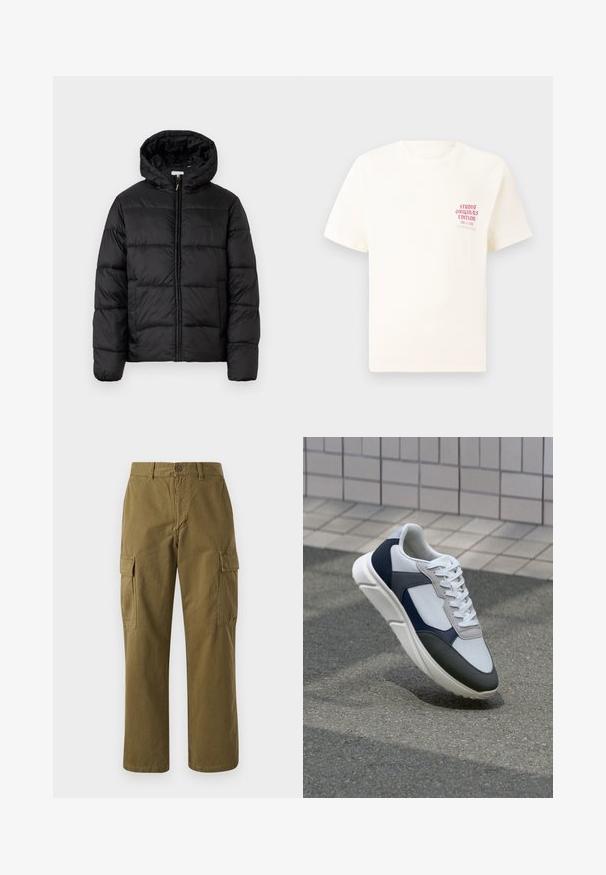 Fekete puffermellény kapucnival, vízszintes steppelésekkel, cipzáros elülső záródással és sima, fényes felülettel.; Fehér, rövid ujjú póló, bal mellen piros szöveggel "Studio Originals Edition", semleges szürke háttér előtt.; Oliva zöld vászon cargo nadrág, egyenes lábakkal, elől gombos záródással és két oldalsó zsebbel, amelyeken hajtókák találhatók.; Fehér, tengerészkék és szürke sneaker vegyes anyagokból készült dizájnnal, amely textúrázott felsőrésszel, lapos fűzőkkel és párnázott talppal rendelkezik.