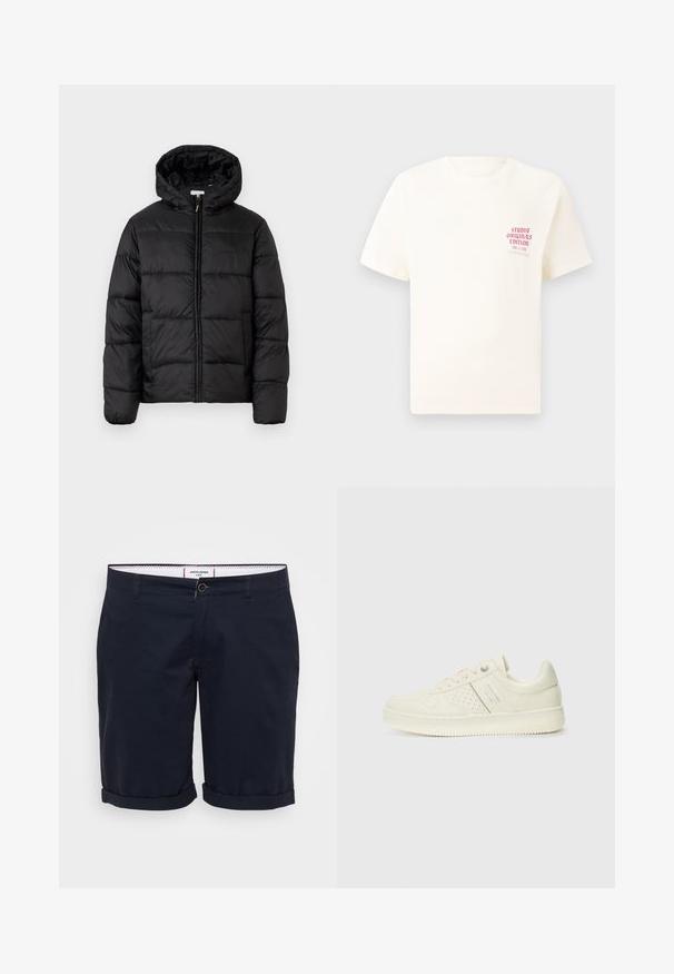 Black puffer jacket with a hood, featuring horizontal quilted panels, zip front closure, and a smooth, shiny texture.; White short-sleeve T-shirt with red text "Studio Originals Edition" on left chest, displayed on a neutral gray background.; Navy blue shorts made of cotton fabric, featuring a flat front, rolled cuffs, and a single front button closure.; Cream-colored sneaker with perforated detailing, laces, and logo on the side, displayed against a plain white background.