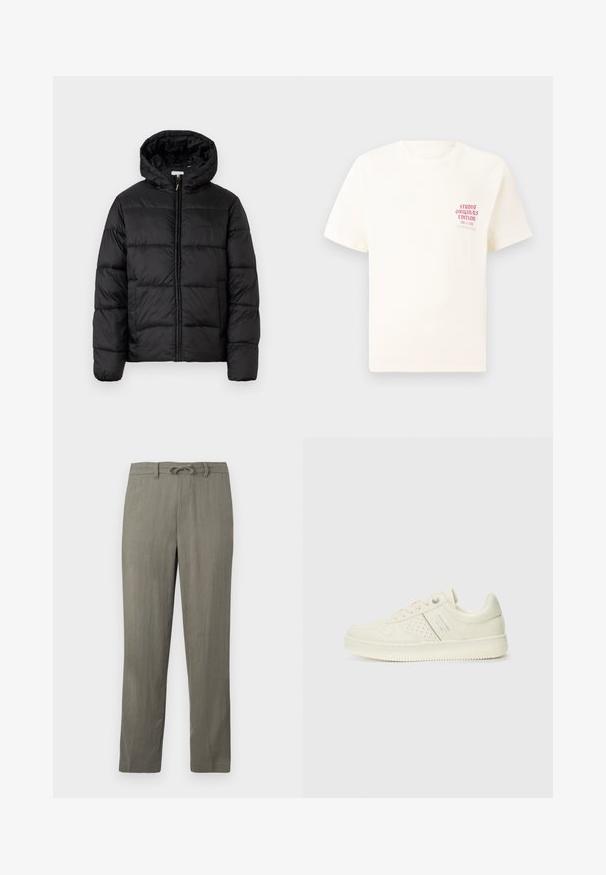 Casaco puffer preto com capuz, apresentando painéis acolchoados horizontais, fecho com zíper na frente e uma textura suave e brilhante.; T-shirt branca de mangas curtas com o texto vermelho "Edição Originais do Estúdio" no lado esquerdo do peito, apresentada sobre um fundo cinza neutro.; Calças masculinas em tons de cinza claro, em mistura de linho, com cintura elástica ajustável, pernas retas e textura subtil; apresentam bolsos padrão e sem padrões notáveis.; Sapatilha de cor creme com detalhes perfurados, atacadores e logotipo na lateral, apresentada contra um fundo branco liso.