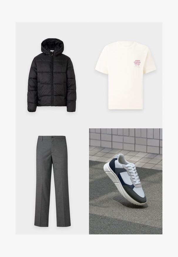 Črna pufasta bunda s kapuco, ki ima vodoravne prešite plošče, sprednje zapiranje na zadrgo in gladko, sijočo teksturo.; Bela majica s kratkimi rokavi z rdečim napisom "Studio Originals Edition" na levi strani prsnega koša, prikazana na nevtralnem sivo backgroundu.; Sive prilagojene hlače iz teksturirane tkanine, z ravnimi nogami, gumbom za zapiranje in zankami za pas. Brez vidnih vzorcev ali poudarkov.; Bela, mornarsko modra in siva športna obutev z mešano materialno zasnovo, ki vključuje teksturirano zgornji del, ravne vezalke in oblazinjen podplat.