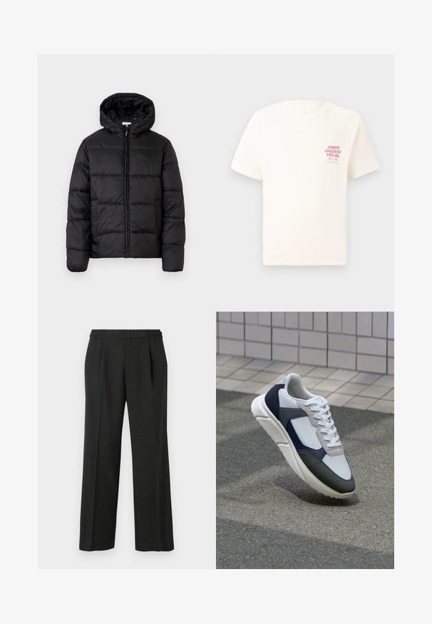 Casaco puffer preto com capuz, apresentando painéis acolchoados horizontais, fecho com zíper na frente e uma textura suave e brilhante.; T-shirt branca de mangas curtas com o texto vermelho "Edição Originais do Estúdio" no lado esquerdo do peito, apresentada sobre um fundo cinza neutro.; Calças largas pretas com uma cintura elástica, frente pregueada e textura suave. Sem padrões visíveis ou detalhes em metal.; Sapatilhas brancas, azuis-marinho e cinzas com um design de materiais mistos, apresentando uma parte superior texturizada, atacadores planos e uma sola acolchoada.