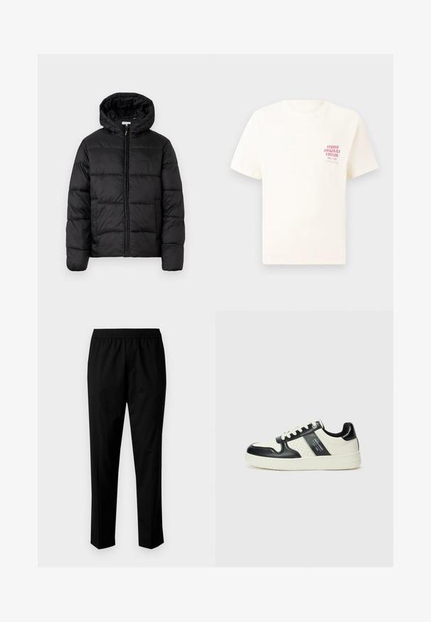 Svart puffjakke med hette, med horisontale quiltpaneler, glidelås foran og en glatt, shiny tekstur.; Hvit T-skjorte med korte ermer og rød tekst "Studio Originals Edition" på venstre bryst, vist på en nøytral grå bakgrunn.; Svarte bukser med elastisk midje, med en rett ben-design. Stoffet ser glatt ut med en matt tekstur, uten synlige mønstre.; Lædersneakers med sort og creme farveskema, der har perforerede detaljer, en polstret krave og en struktureret ydersål.