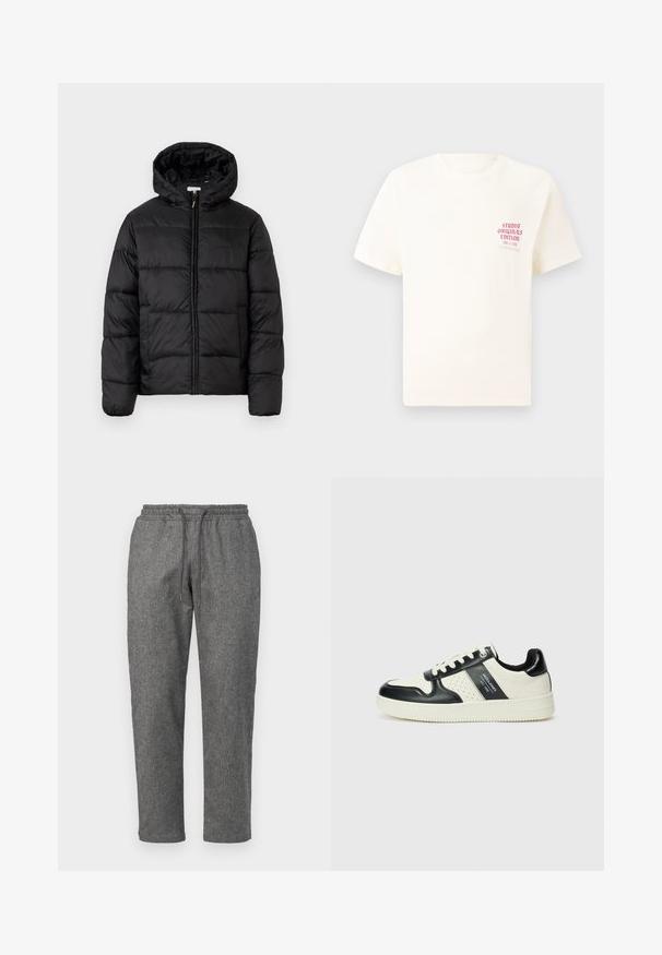 Casaco puffer preto com capuz, apresentando painéis acolchoados horizontais, fecho com zíper na frente e uma textura suave e brilhante.; T-shirt branca de mangas curtas com o texto vermelho "Edição Originais do Estúdio" no lado esquerdo do peito, apresentada sobre um fundo cinza neutro.; Calças de fato cinzentas, tricotadas, com uma cintura elástica ajustável, pernas ajustadas e um padrão texturizado subtil em todo o tecido.; Ténis de couro com um esquema de cores em preto e creme, apresentando detalhes perfurados, um colarinho acolchoado e uma sola texturizada.