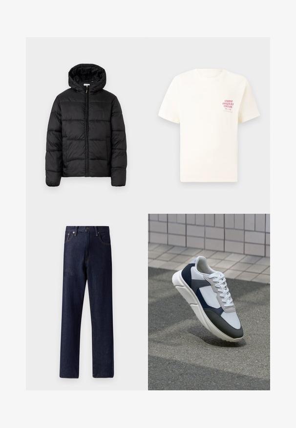 Giacca a vento nera con cappuccio, caratterizzata da pannelli trapuntati orizzontali, chiusura frontale con zip e una texture liscia e lucida.; T-shirt bianco a maniche corte con testo rosso "Studio Originals Edition" sul lato sinistro del petto, esposto su uno sfondo grigio neutro.; Jeans in denim blu scuro con taglio a gamba dritta, cinque tasche e dettagli di cucitura sottili. Vita media con chiusura a bottone metallico e zip.; Sneaker bianca, blu navy e grigia con un design a materiali misti, caratterizzata da una tomaia testurizzata, lacci piatti e una suola imbottita.