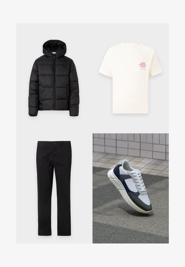 Casaco puffer preto com capuz, apresentando painéis acolchoados horizontais, fecho com zíper na frente e uma textura suave e brilhante.; T-shirt branca de mangas curtas com o texto vermelho "Edição Originais do Estúdio" no lado esquerdo do peito, apresentada sobre um fundo cinza neutro.; Calças chino pretas de algodão com corte reto, apresentando fecho com botão e bolsos frontais, textura suave e detalhes mínimos de costura.; Sapatilhas brancas, azuis-marinho e cinzas com um design de materiais mistos, apresentando uma parte superior texturizada, atacadores planos e uma sola acolchoada.