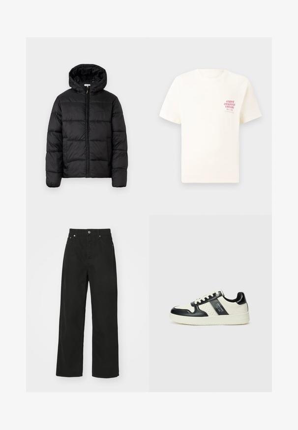 Veste matelassée noire avec capuche, présentant des panneaux matelassés horizontaux, un devant zippé et une texture lisse et brillante.; T-shirt blanc à manches courtes avec le texte rouge "Édition Originals du Studio" sur la poitrine gauche, présenté sur un fond gris neutre.; Pantalons en denim noir avec une coupe droite, dotés de cinq poches, d'une fermeture à bouton et d'une taille classique. Texture lisse.; Baskets en cuir avec un schéma de couleurs noir et crème, dotées d'accents perforés, d'un col rembourré et d'une semelle texturée.