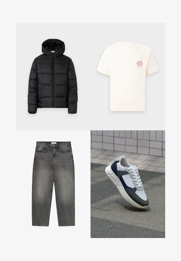 Musternaturmustar coat mustelhoovaga, hrisontaalsete tikandi paneelidega, tõmbluku ees sulgemisega ja sujuva, läikiva tekstuuriga.; Valge lühikeste varrukatega T-särk, millel on vasakul rinnal punane tekst "Studio Originals Edition", esitatud neutraalsel hallil taustal.; Hallud denim püksid, millel on vaba lõige, viie tasku, lukuga tagasitõmme ja õrn pleekimine. Klassikaline sirge jala disain ja peenelt õmmeldud õmblused.; Valge, mereväe sinine ja hall spordijalats, millel on segatud materjalide disain, tekstureeritud ülemine osa, lame pael ja pehme talla.