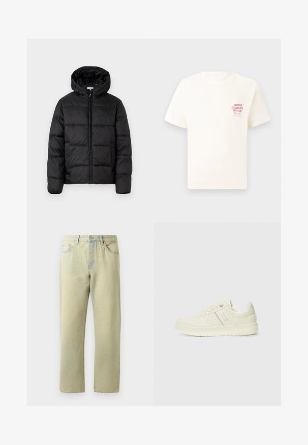 Čierna prešívaná bunda s kapucňou, s horizontálnymi prešívanými panelmi, so zipsom vpredu a hladkou, lesklou textúrou.; Biele tričko s krátkym rukávom s červeným textom "Studio Originals Edition" na ľavej hrudi, zobrazené na neutrálnom šedom pozadí.; Svetložlté džínsy z denimu so rovnými nohavicami, piatimi vreckami a jemným vyblednutím. Obsahujú kovovú pracku a pútka na opasok.; Krémová teniska s perforovanými detailmi, šnúrkami a logom na boku, vystavená na jednoduchej bielej pozadí.