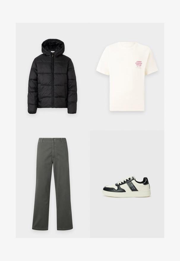 Črna pufasta bunda s kapuco, ki ima vodoravne prešite plošče, sprednje zapiranje na zadrgo in gladko, sijočo teksturo.; Bela majica s kratkimi rokavi z rdečim napisom "Studio Originals Edition" na levi strani prsnega koša, prikazana na nevtralnem sivo backgroundu.; Sive široke hlače iz mešanice bombaža, z klasičnim petim žepnim dizajnom in sprednjim gumbom, ter kontrastnimi šivi.; Usnjeni športni čevlji z črno in krem barvno shemo, ki vključujejo perforirane dodatke, podložen ovratnik in strukturirano podplat.
