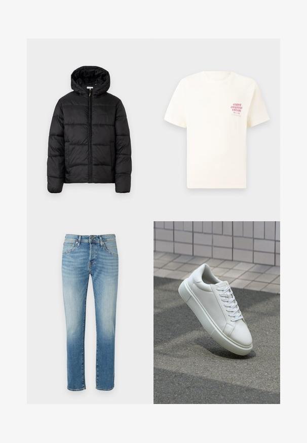 Fekete puffermellény kapucnival, vízszintes steppelésekkel, cipzáros elülső záródással és sima, fényes felülettel.; Fehér, rövid ujjú póló, bal mellen piros szöveggel "Studio Originals Edition", semleges szürke háttér előtt.; Világoskék farmernadrág, elhalványodott részekkel, egyenes szabású, öt zsebes dizájnnal és alapfém gombbal a deréknál.; Fehér bőr sportcipő sima felülettel, kerek orral és lapos fehér fűzőkkel. Texturált gumitalppal és minimális dizájnelemekkel rendelkezik.