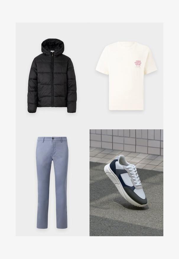 Zwarte pufferjack met een capuchon, met horizontale gestikte panelen, ritssluiting aan de voorkant en een gladde, glanzende textuur.; Witte T-shirt met korte mouwen met rode tekst "Studio Originals Edition" op de linker borst, weergegeven op een neutrale grijze achtergrond.; Lichtblauwe katoenen chinos met een slim fit, voorzien van een knoopsluiting, riemlussen en zijzakken, een gladde textuur en rechte pijpen.; Witte, marineblauwe en grijze sneaker met een gemengde materiaald ontwerp, met een gestructureerde bovenkant, platte veters en een gevoerde zool.