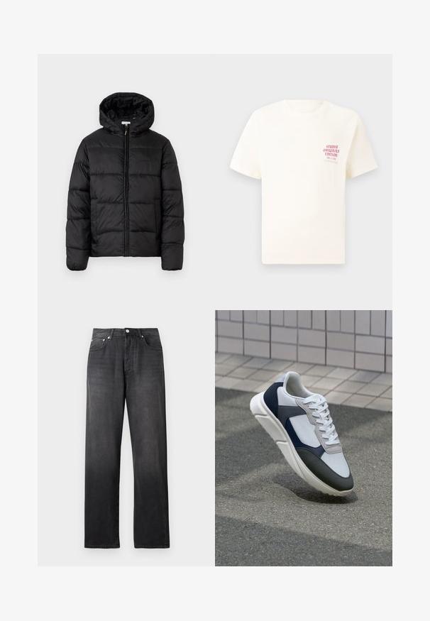 Casaco puffer preto com capuz, apresentando painéis acolchoados horizontais, fecho com zíper na frente e uma textura suave e brilhante.; T-shirt branca de mangas curtas com o texto vermelho "Edição Originais do Estúdio" no lado esquerdo do peito, apresentada sobre um fundo cinza neutro.; Calças de ganga pretas de cintura alta e pernas retas, com botão frontal e fecho zip, dois bolsos frontais e um leve desgaste discreto.; Sapatilhas brancas, azuis-marinho e cinzas com um design de materiais mistos, apresentando uma parte superior texturizada, atacadores planos e uma sola acolchoada.