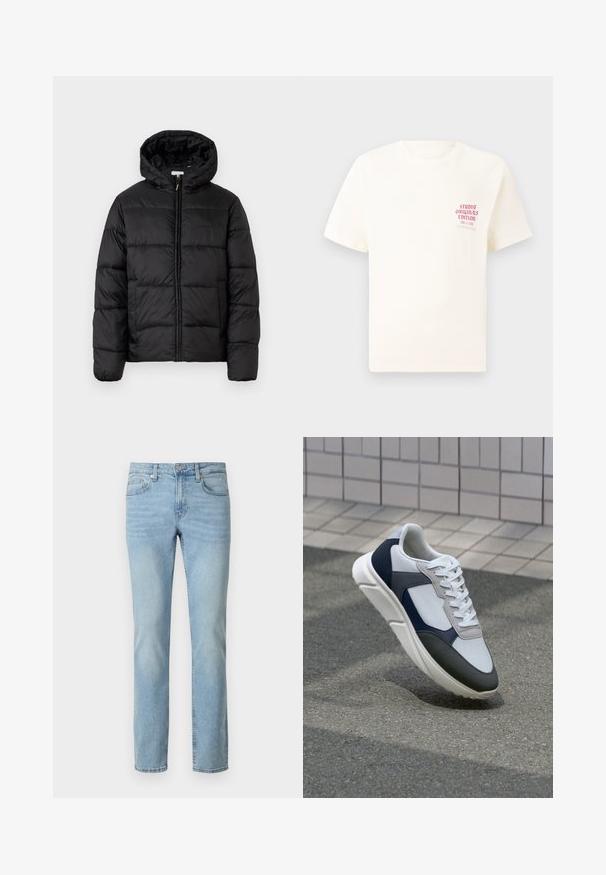 Melnā pūkainā jaka ar kapuci, ar horizontāliem quiltotiem paneļiem, ar rāvējslēdzēju priekšpusē un gludu, spīguļojošu tekstūru.; Balts īsām piedurknēm T-krekls ar sarkanu tekstu "Studio Originals Edition" uz kreisā krūšu, pakārtots neitrālā pelēkā fonā.; Gai zili džinsi ar taisnu kāju, ar klasisku piecu kabatu dizainu, jostu cilpām un rāvējslēdzēja aizdari.; Balti, tumši zili un pelēki sporta apavi ar jauktu materiālu dizainu, kuram ir teksturēts augšdaļa, plakani šņores un mīkstināta zole.