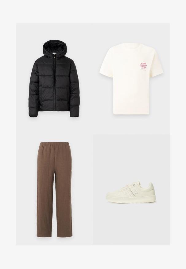 Black puffer jacket with a hood, featuring horizontal quilted panels, zip front closure, and a smooth, shiny texture.; White short-sleeve T-shirt with red text "Studio Originals Edition" on left chest, displayed on a neutral gray background.; Brown linen trousers with a relaxed fit, featuring a stretchy elastic waistband and straight legs, smooth texture, and minimal detailing.; Cream-colored sneaker with perforated detailing, laces, and logo on the side, displayed against a plain white background.