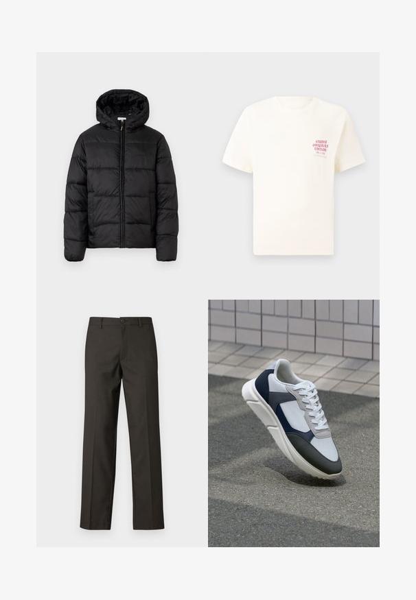 Czarna kurtka puchowa z kapturem, z poziomymi pikowanymi panelami, zapinana na zamek błyskawiczny z przodu i o gładkiej, błyszczącej fakturze.; Biała koszulka z krótkim rękawem z czerwonym napisem "Studio Originals Edition" po lewej stronie klatki piersiowej, wyeksponowana na neutralnym szarym tle.; Ciemnobrązowe spodnie wykonane z gładkiego materiału, z prostą nogawką, przednimi kieszeniami oraz zapięciem na guzik w pasie.; Białe, granatowe i szare sneakersy o mieszanej konstrukcji, z teksturowanym wierzchem, płaskimi sznurowadłami i amortyzowaną podeszwą.
