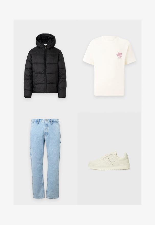 Casaco puffer preto com capuz, apresentando painéis acolchoados horizontais, fecho com zíper na frente e uma textura suave e brilhante.; T-shirt branca de mangas curtas com o texto vermelho "Edição Originais do Estúdio" no lado esquerdo do peito, apresentada sobre um fundo cinza neutro.; Calças cargo de denim azul claro com um design de perna reta, bolsos laterais e fecho de botão na cintura. O tecido apresenta uma textura desbotada.; Sapatilha de cor creme com detalhes perfurados, atacadores e logotipo na lateral, apresentada contra um fundo branco liso.