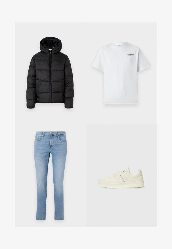 Casaco puffer preto com capuz, apresentando painéis acolchoados horizontais, fecho com zíper na frente e uma textura suave e brilhante.; T-shirt de algodão branca com mangas curtas e decote redondo, apresentando um pequeno logótipo em texto preto "J&J since 1990 Society Club" no peito.; Calças de ganga azul claro com perna reta, apresentando um design desgastado, estilo de cinco bolsos e fecho em botão metálico na cintura.; Sapatilha de cor creme com detalhes perfurados, atacadores e logotipo na lateral, apresentada contra um fundo branco liso.