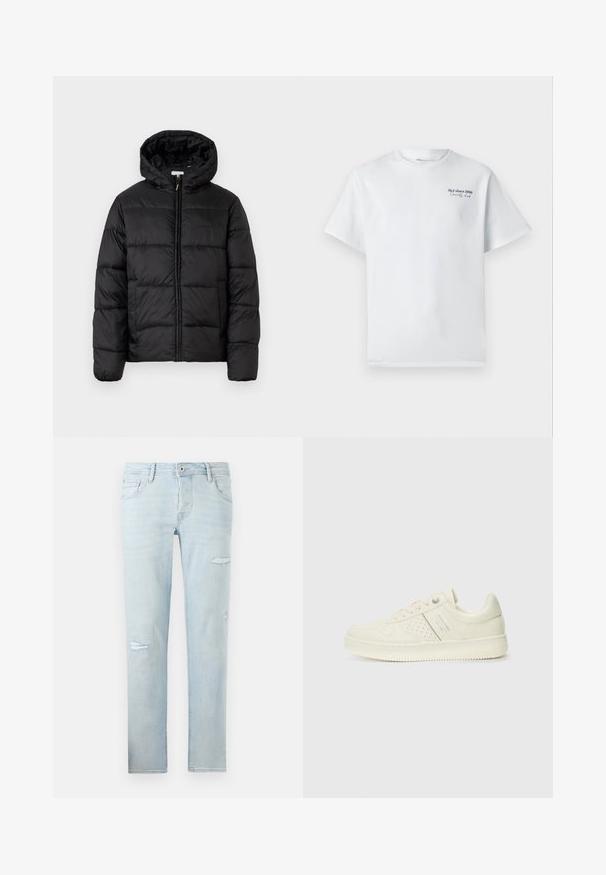 Mustapukuinen puhvijakku, jossa on huppu, vaakasuorat tikatut paneelit, vetoketjukiinnitys ja sileä, kiiltävä pinta.; Valkoinen puuvillapaita lyhythihaisilla hihoilla, pyöreä kaula-aukko, jossa on pieni musta tekstilogo "J&J since 1990 Society Club" rinnassa.; Vaaleansiniset farkut suorella leikkauksella, joissa on kulutustekstejä polvissa, viisi taskua sekä nappi- ja vetoketjukiinnitys.; Valkokoska sneaker, jossa on rei'itettyjä yksityiskohtia, nauhat ja logo sivussa, esillä tasaisella valkoisella taustalla.