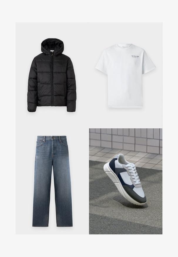 Musternaturmustar coat mustelhoovaga, hrisontaalsete tikandi paneelidega, tõmbluku ees sulgemisega ja sujuva, läikiva tekstuuriga.; Valge puuvillane T-särk lühikeste varrukatega, ümmarguse kaelusega, millel on rindkeres väike must tekstilogo "J&J since 1990 Society Club".; Keskmise sinise tooniga teksased, sirge jalgade disainiga, viie taskuga, nupuga ja tõmblukuga kinnitamine ning peent tuhmumist. ; Valge, mereväe sinine ja hall spordijalats, millel on segatud materjalide disain, tekstureeritud ülemine osa, lame pael ja pehme talla.