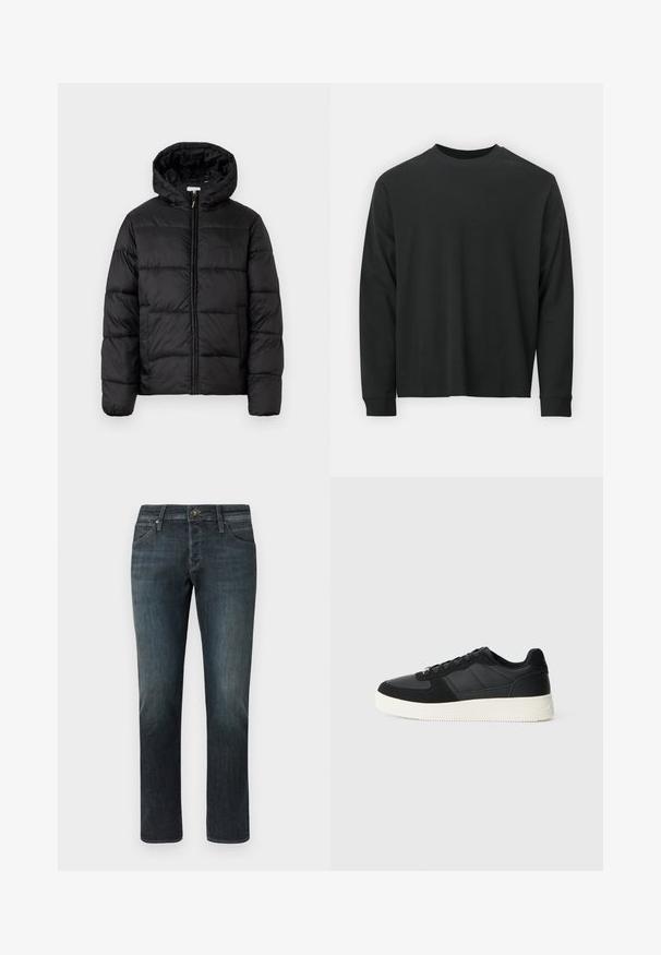 Musternaturmustar coat mustelhoovaga, hrisontaalsete tikandi paneelidega, tõmbluku ees sulgemisega ja sujuva, läikiva tekstuuriga.; Pika pikkade varrukatega must T-särk, mis on valmistatud puuvillast, ümarate kaelustega, lohvaka lõikega ja soonikute mansettidega. Sujuv tekstuur, ilma nähtavate mustriteta.; Tumed sinised teksad sirge lõikega. Omadusteks on eesmine taskud, metallne nööp sulgemiseks ja pehme kulumine. Klassikaline viie tasku disain.; Mustmustel musta madal sneaker tekstuuriga nahast ja sametist paneelidega, valge kummitald ja mustad suledega, lihtsal heledal taustal.