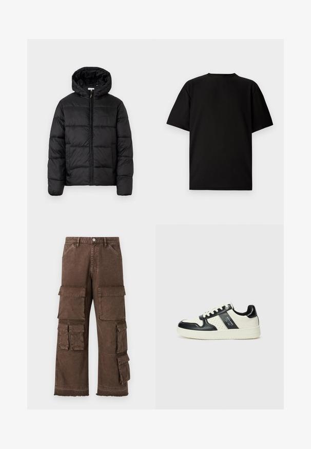 Casaco puffer preto com capuz, apresentando painéis acolchoados horizontais, fecho com zíper na frente e uma textura suave e brilhante.; T-shirt preto de manga curta feito de tecido canelado. Apresenta um decote redondo e um ajuste descontraído com uma textura suave. Apenas vista traseira.; Calças cargo castanhas com um corte largo, múltiplos bolsos laterais e design de bainha desfiada. Feitas de um tecido robusto e texturizado para maior durabilidade.; Ténis de couro com um esquema de cores em preto e creme, apresentando detalhes perfurados, um colarinho acolchoado e uma sola texturizada.