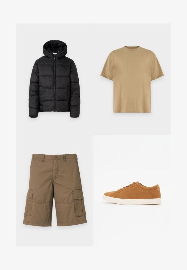 Black puffer jacket with a hood, featuring horizontal quilted panels, zip front closure, and a smooth, shiny texture.; Khaki short-sleeve T-shirt made of soft fabric, featuring a round neckline and a relaxed fit. No patterns or graphics are visible.; Brown cotton cargo shorts featuring multiple side pockets, a button closure, and stitched detailing. Classic knee-length design.; Brown suede sneakers with a low-top design, white rubber sole, and round toe. Features matching laces and minimal branding on the heel.