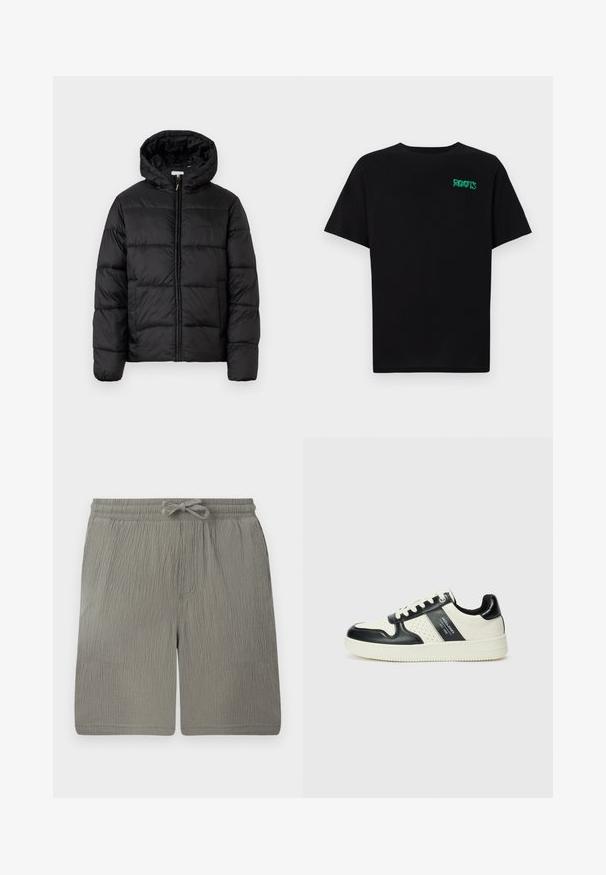Schwarze Steppjacke mit Kapuze, ausgestattet mit horizontalen Stepppanelen, Reißverschluss vorne und einer glatten, glänzenden Textur.; Schwarzes T-Shirt aus Baumwolle mit kurzen Ärmeln. Auf der Vorderseite befindet sich ein grünes "ROOTS"-Logo, es hat einen runden Halsauschnitt und eine normale Passform.; Helle graue Shorts aus strukturiertem Stoff. Mit elastischem Bund, Kordelzug und Seitentasche. Schlichtes, gerade geschnittenes Design.; Leder-Sneaker in Schwarz- und Cremetönen, mit perforierten Akzenten, einem gepolsterten Kragen und einer strukturierten Laufsohle.