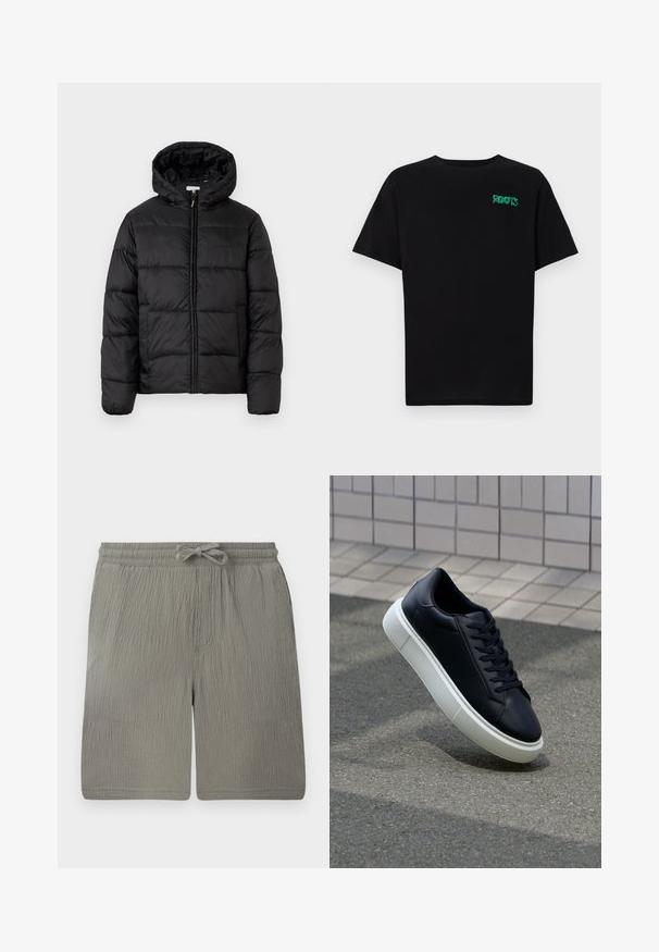 Juodas pūkinis švarkas su kapišonu, su horizontaliai siuvinėtais audinio ruožais, priekyje užsegamas užtrauktuku ir turintis lygią, blizgią tekstūrą.; Juodas medvilninis marškinėliai trumpomis rankovėmis. Priekyje yra žalias „ROOTS“ logotipas, apvalus iškirpimas ir standartinė prigludimo forma.; Šviesiai pilki šortai, pagaminti iš tekstūruoto audinio. Turi elastingą juosmenį, raištelį ir šonines kišenes. Paprastas, tiesus kirpimas.; Juodas odinis sportbačius su apvaliu pirštu ir baltu gumuotu padu. Turi plokščias raišteles ir minimalų siuvimą viršuje. Padangos tekstūra užtikrina sukibimą.