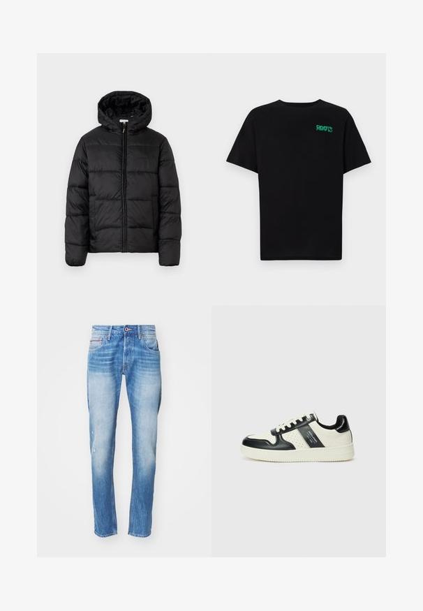 Fekete puffermellény kapucnival, vízszintes steppelésekkel, cipzáros elülső záródással és sima, fényes felülettel.; Fekete, pamutból készült póló rövid ujjakkal. Elöl zöld "ROOTS" logóval, kerek nyakkivágással és normál szabással.; Világoskék farmerruha, slim fit szabású, elkopott részekkel, bal térden egy szakítással és öt zsebes kialakítással.; Fekete és krém színű bőrsneaker, perforált díszítésekkel, párnázott bokapánttal és texturált talppal.