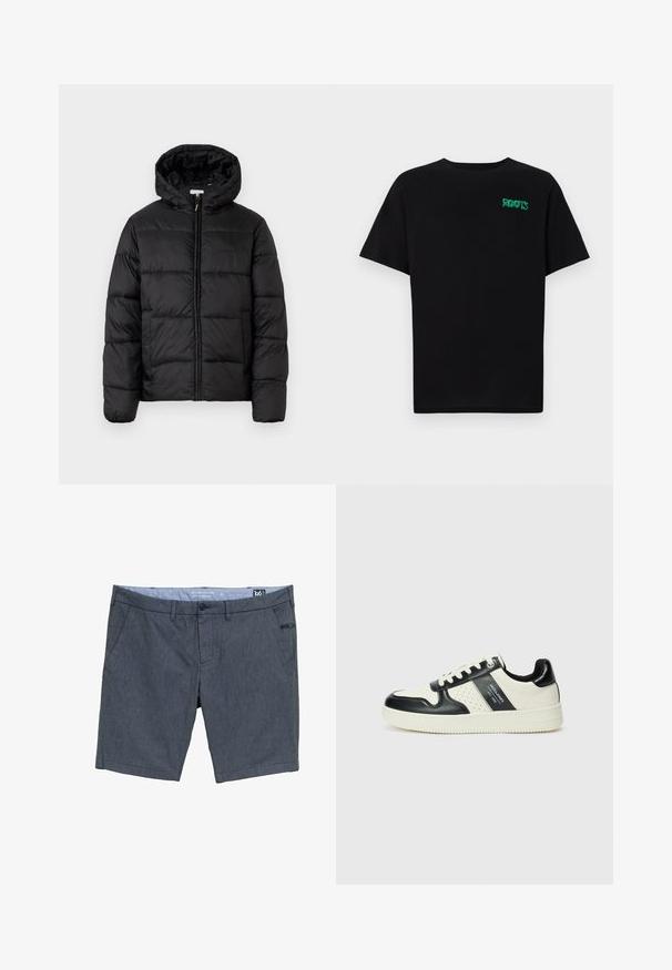 Juodas pūkinis švarkas su kapišonu, su horizontaliai siuvinėtais audinio ruožais, priekyje užsegamas užtrauktuku ir turintis lygią, blizgią tekstūrą.; Juodas medvilninis marškinėliai trumpomis rankovėmis. Priekyje yra žalias „ROOTS“ logotipas, apvalus iškirpimas ir standartinė prigludimo forma.; Tamsiai mėlynos šortai, pagaminti iš tekstūruoto audinio. turi dvi šonines kišenes, mygtuko užsegimą ir mažą akcento etiketę priekyje.; Odiniai sportbačiai juodos ir kreminės spalvų schemoje, su perforuotais akcentais, paminkštinta apykakle ir tekstūruotu padu.