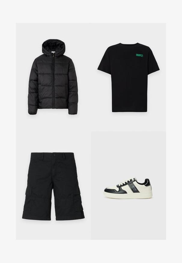 Zwarte pufferjack met een capuchon, met horizontale gestikte panelen, ritssluiting aan de voorkant en een gladde, glanzende textuur.; Zwarte T-shirt van katoen met korte mouwen. Heeft een groen "ROOTS" logo op de voorkant, een ronde halslijn en een standaard pasvorm.; Zwarte cargoshorts van lichtgewicht stof; voorzien van twee zijzakken en twee klepzakken; recht gesneden ontwerp met een losse fit.; Leren sneakers met een zwart en crèmekleurig kleurenschema, voorzien van geperforeerde accenten, een gevoerde kraag en een gestructureerde buitenzool.