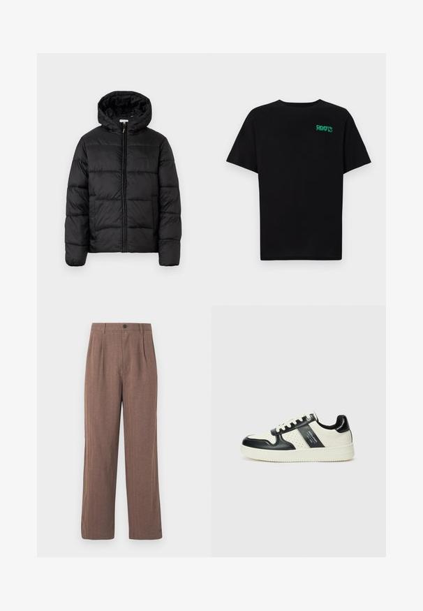 Musternaturmustar coat mustelhoovaga, hrisontaalsete tikandi paneelidega, tõmbluku ees sulgemisega ja sujuva, läikiva tekstuuriga.; Must t-särk, mis on valmistatud puuvillast, lühikeste varrukatega. Esipaneelil on roheline "ROOTS" logo, ümmargune kaelus ja tavapärane lõige.; Pruunid, laiad püksid, mis on valmistatud tekstuuriga kangast ja millel on volangid ning nööbi sulgemine vöökoht. Kohandatud disain puhaste joontega.; Nahatud nahkkingad musta ja kreemi värviskeemiga, millel on perforeeritud aktsendid, pehme krae ja tekstureeritud tallad.