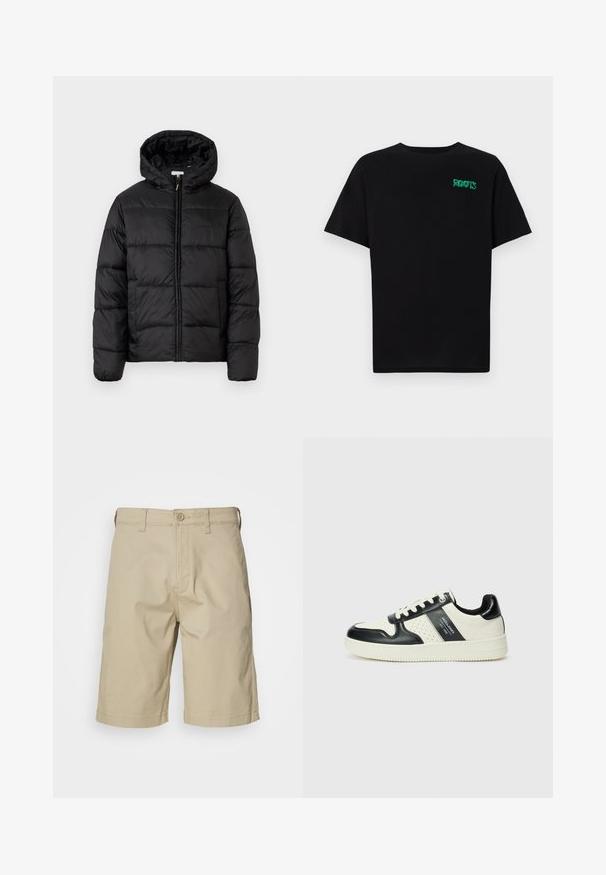 Giacca a vento nera con cappuccio, caratterizzata da pannelli trapuntati orizzontali, chiusura frontale con zip e una texture liscia e lucida.; T-shirt nera in cotone con maniche corte. Presenta un logo verde "ROOTS" sulla parte frontale, colletto rotondo e vestibilità standard.; Pantaloni corti in cotone beige con taglio dritto, chiusura con bottone, passanti per la cintura e due tasche laterali. Texture liscia e design fino al ginocchio.; Sneakers in pelle con una combinazione di colori nero e crema, dotati di dettagli perforati, collare imbottito e suola testurizzata.