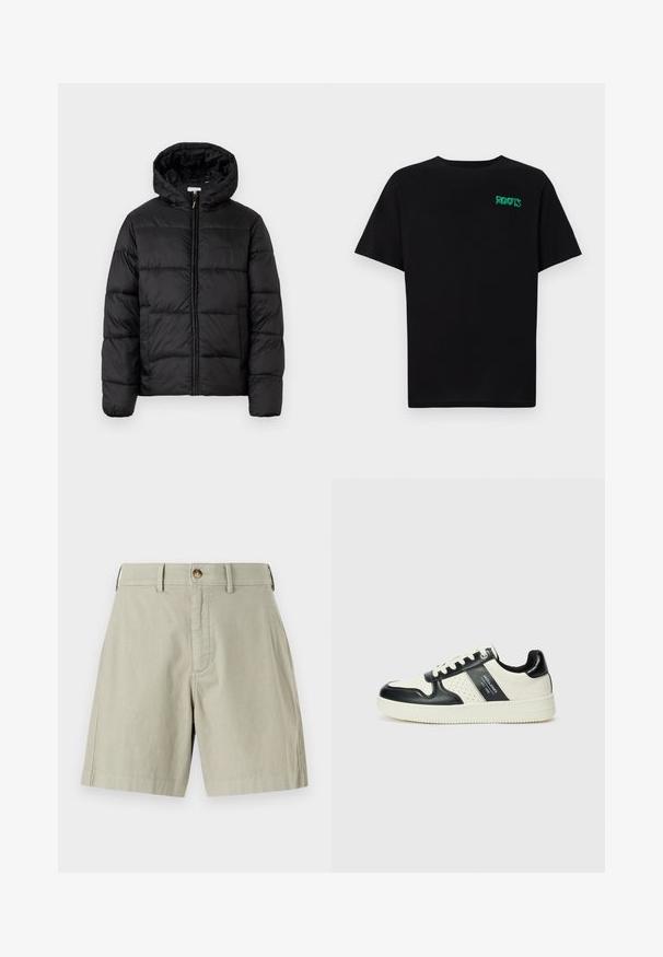 Črna pufasta bunda s kapuco, ki ima vodoravne prešite plošče, sprednje zapiranje na zadrgo in gladko, sijočo teksturo.; Črna majica iz bombaža z kratkimi rokavi. Na sprednji strani ima zeleno logotip "ROOTS", okroglo ovratnico in standardno prileganje.; Svetlo bež hlače s ravnim sprednjim delom, z enim kovinskim gumbom za zapiranje in zankami za pas. Narejene iz mehkega bombažnega blaga z prirejenim krojem.; Usnjeni športni čevlji z črno in krem barvno shemo, ki vključujejo perforirane dodatke, podložen ovratnik in strukturirano podplat.