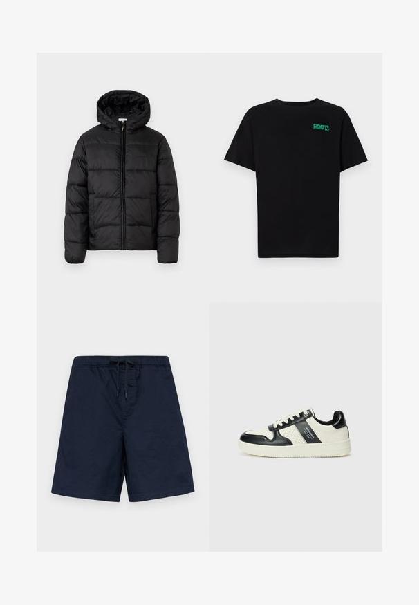 Čierna prešívaná bunda s kapucňou, s horizontálnymi prešívanými panelmi, so zipsom vpredu a hladkou, lesklou textúrou.; Čierne tričko s krátkymi rukávmi vyrobené z bavlny. Na prednej strane má zelené logo "ROOTS", okrúhly výstrih a štandardný strih.; Námornícky modré plavky s elastickým pásom a šnúrkou. Ľahký materiál so hladkou textúrou a bez viditeľných vzorov alebo ozdôb.; Kožené tenisky v čierno-krémovej farbe, s perforovanými akcentmi, polstrovaným golierom a štruktúrovanou podrážkou.