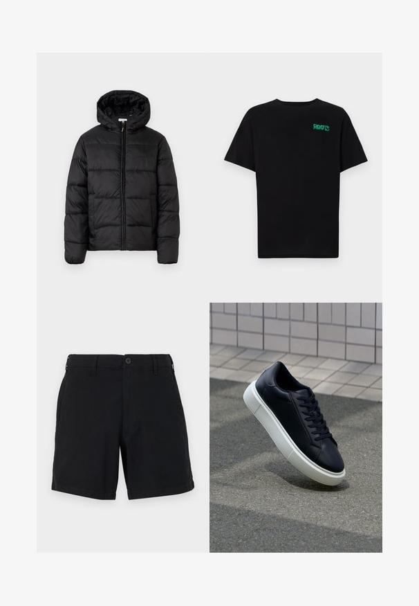 Casaco puffer preto com capuz, apresentando painéis acolchoados horizontais, fecho com zíper na frente e uma textura suave e brilhante.; T-shirt preta feita de algodão com mangas curtas. Apresenta um logótipo verde "ROOTS" na frente, gola redonda e corte standard.; Calções de algodão pretos com fecho de botão, bolsos laterais e um design de perna reta. O tecido tem uma textura suave e um acabamento simples.; Sapatilha de couro preto com bico arredondado e sola de borracha branca. Apresenta atacadores planos e costuras mínimas na parte superior. Sola texturizada para melhor aderência.