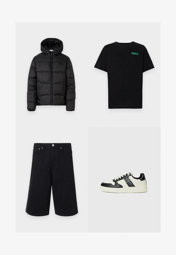 Veste matelassée noire avec capuche, présentant des panneaux matelassés horizontaux, un devant zippé et une texture lisse et brillante.; T-shirt noir en coton à manches courtes. Présente un logo "ROOTS" vert sur le devant, un col rond et une coupe standard.; Shorts en denim noir à coupe droite, avec un bouton à l'avant, deux poches latérales et une texture lisse. Pas de motifs ni d'accents visibles.; Baskets en cuir avec un schéma de couleurs noir et crème, dotées d'accents perforés, d'un col rembourré et d'une semelle texturée.