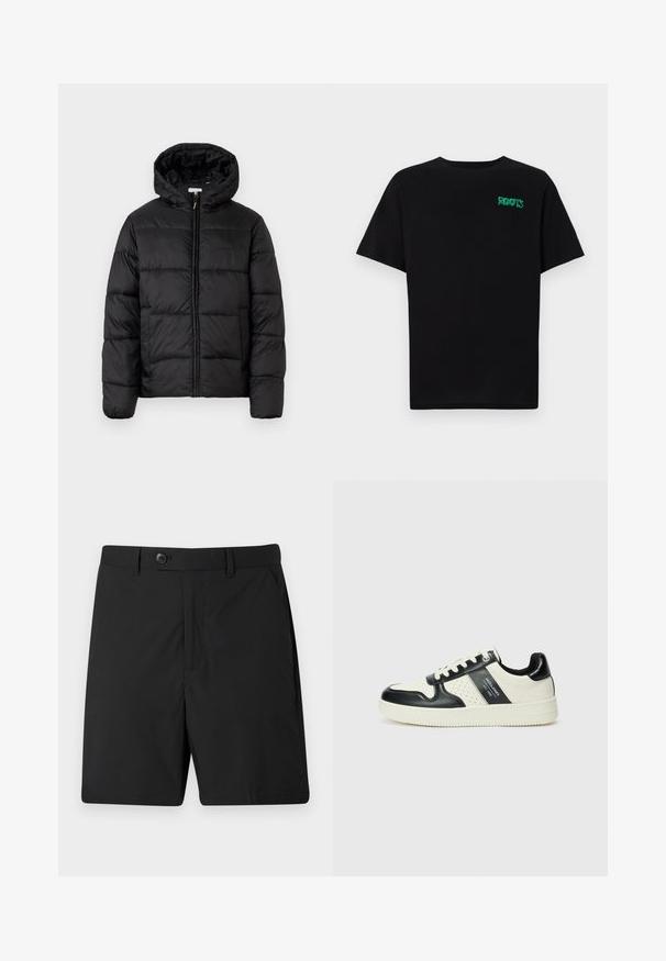 Casaco puffer preto com capuz, apresentando painéis acolchoados horizontais, fecho com zíper na frente e uma textura suave e brilhante.; T-shirt preta feita de algodão com mangas curtas. Apresenta um logótipo verde "ROOTS" na frente, gola redonda e corte standard.; Calções pretos feitos de tecido leve, com fecho de botão, dois bolsos laterais e um corte reto. Textura suave e design simples.; Ténis de couro com um esquema de cores em preto e creme, apresentando detalhes perfurados, um colarinho acolchoado e uma sola texturizada.