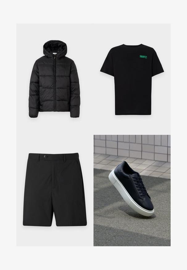 Melnā pūkainā jaka ar kapuci, ar horizontāliem quiltotiem paneļiem, ar rāvējslēdzēju priekšpusē un gludu, spīguļojošu tekstūru.; Melna kokvilnas t-kreka ar īsām piedurknēm. Uz priekšu ir zaļa "ROOTS" logo, apaļa kakla izgriezums un standarta piegriezums.; Melnas šortus, kas izgatavoti no viegla auduma, ar pogu aizdari, divām sānu kabatām un taisnu piegriezumu. Gluda tekstūra un vienkāršs dizains.; Melnas ādas kedas ar noapaļotu pirkstu un baltu gumijas zoli. Iespējas - plakanas šņorītes un minimāla apdare augšdaļā. Struktūrēta zole, lai nodrošinātu saķeri.