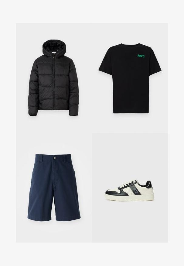 Černá péřová bunda s kapucí, s horizontálně prošívanými panely, předním zipovým zapínáním a hladkým, lesklým povrchem.; Černé tričko vyrobené z bavlny s krátkým rukávem. Na přední straně se nachází zelené logo "ROOTS", kulatý výstřih a standardní střih.; Námorně modré bavlněné šortky s plochým předním dílem, dvěma bočními kapsami a jedním knoflíkem na zapínání v pase. Klasický rovný střih nohavic.; Kožené tenisky s černobílou barevnou kombinací, které mají perforované detaily, polstrovaný límec a texturovanou podrážku.
